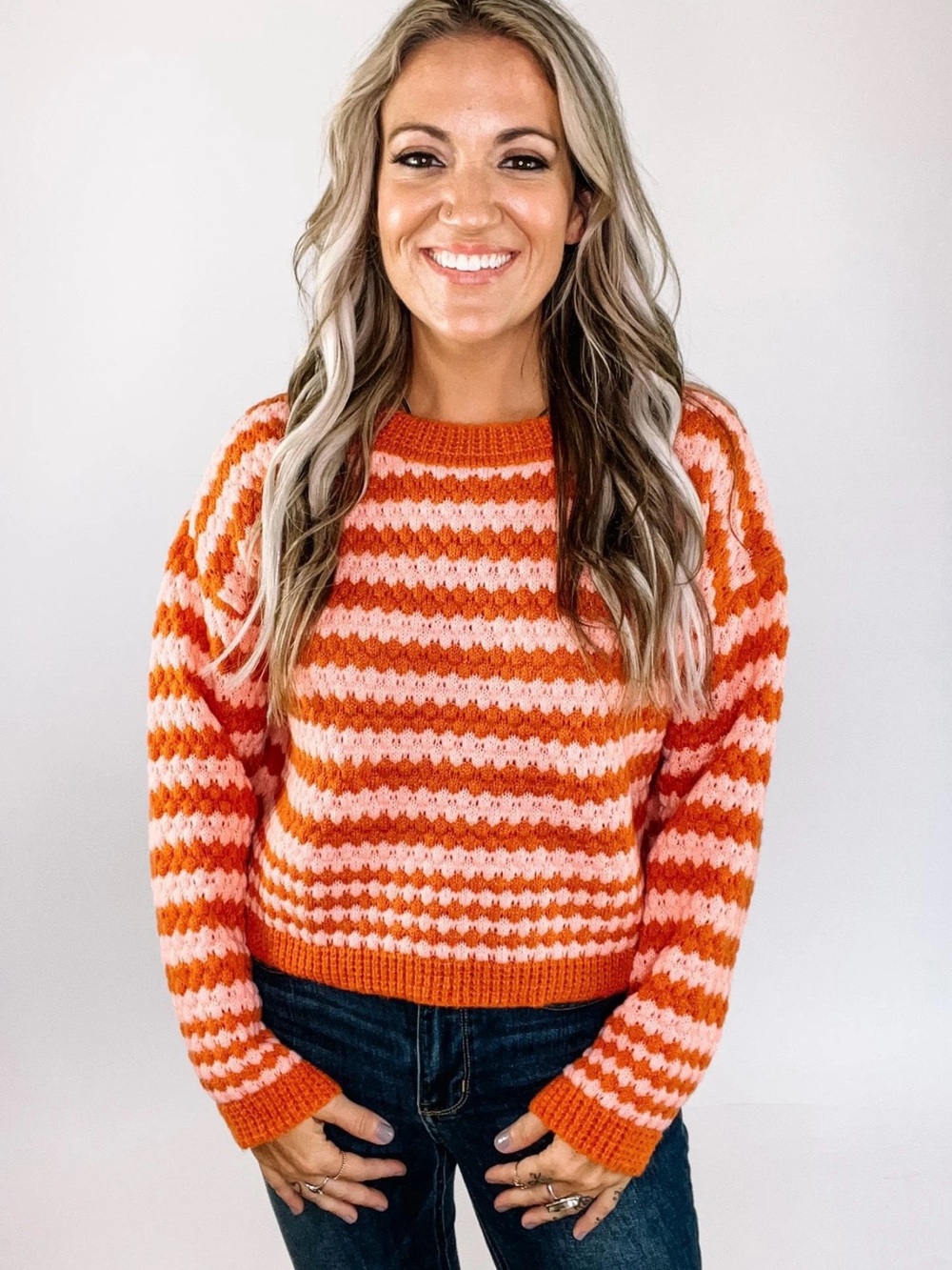 En Crème Striped Crewneck Sweater in Orange and Light Pink